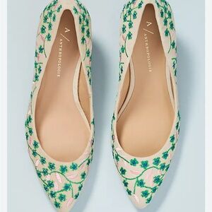 Anthropologie Floral Embroidered Flats - Cream and Green